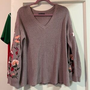 American Eagle Outfitters Mauve V-Neck Sweater with Floral Embroidered Sleeves
